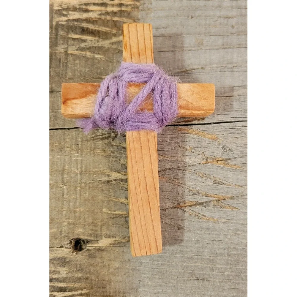 VINTAGE  WOODEN CROSS  PENDANT  With Purple‎ Wrap 3 Inches Large